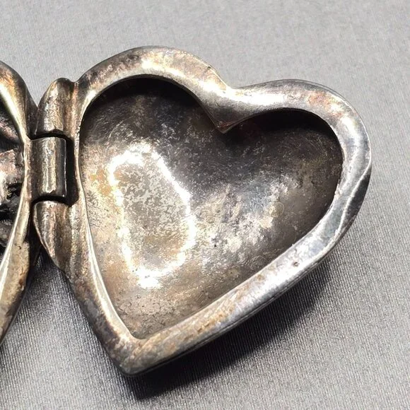 VTG FAS Sterling Silver Marcasite Onyx Heart Locket Pendant 1" Cutouts Signed - Picture 8 of 13